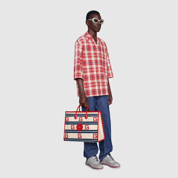 グッチ かごバッグ コピー オンライン限定 CANNES ストライプ トートバッグ 663709 JFIDG 9879